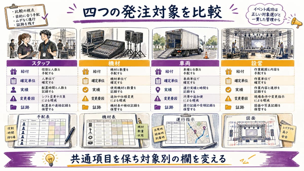 fig2:スタッフ・機材・車両・設営の給付・確定単位・実績・変更要因を比べる表