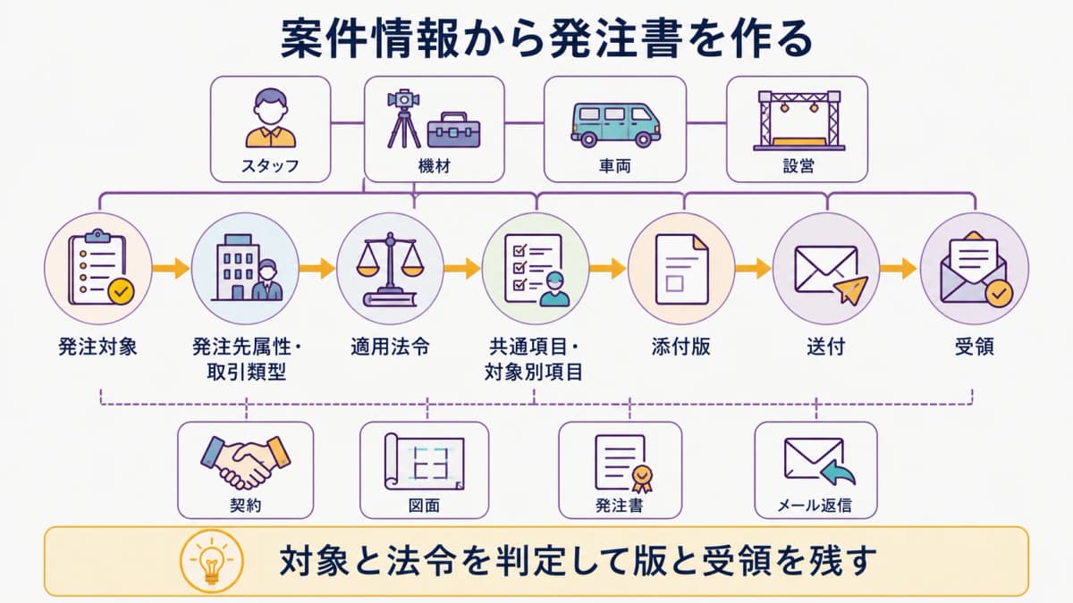 fig3:発注対象と適用法令の判定から項目確定・送付・受領へ進む作成フロー