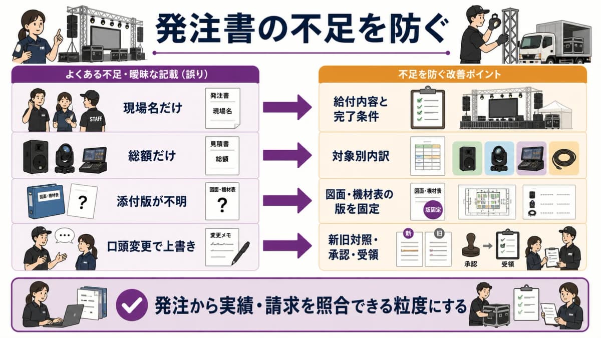 fig5:現場名と金額だけの曖昧発注と口頭変更による上書きを防ぐ不足対照図