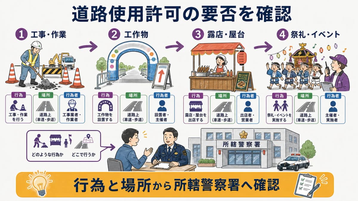 fig1:道路上の行為と場所から道路使用許可の要否を確認するフロー