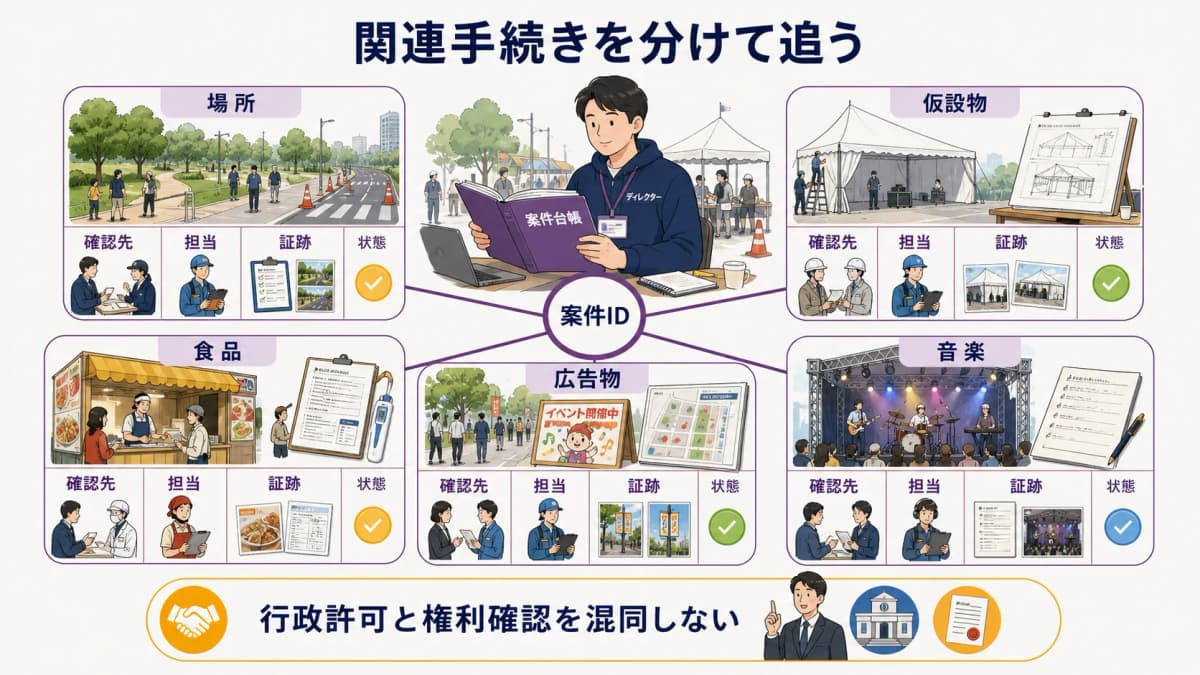 fig5:場所・仮設物・食品・広告物・音楽の関連手続きを分けて追うマップ