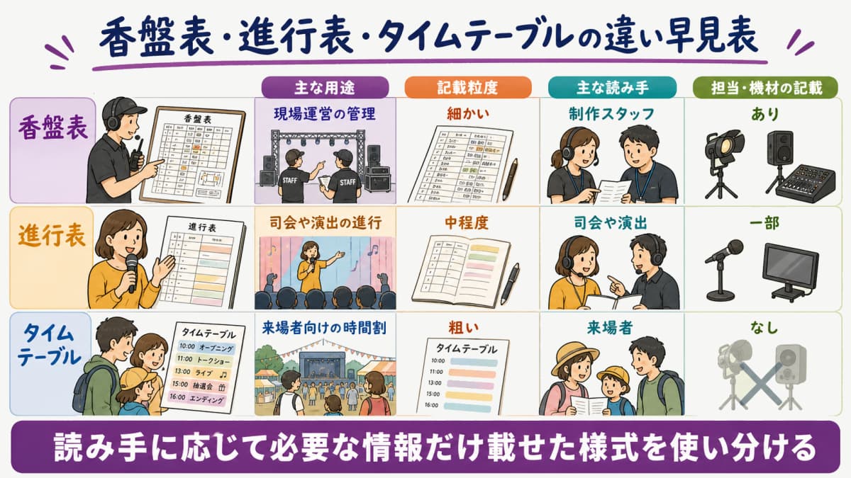 fig2:香盤表・進行表・タイムテーブルの違い早見表
