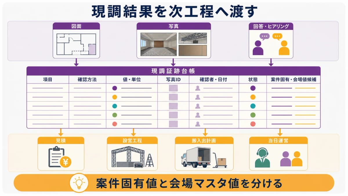 fig4:項目・値・単位・写真ID・確認者・状態を見積と工程へ結ぶ現調証跡台帳