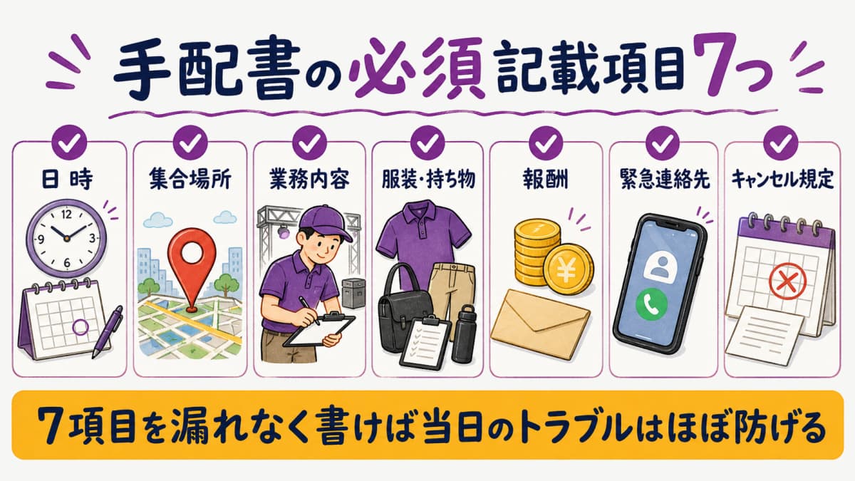 fig1:必須記載項目7項目チェックリスト(日時/集合場所/業務内容/服装持ち物/報酬/緊急連絡先/キャンセル規定)