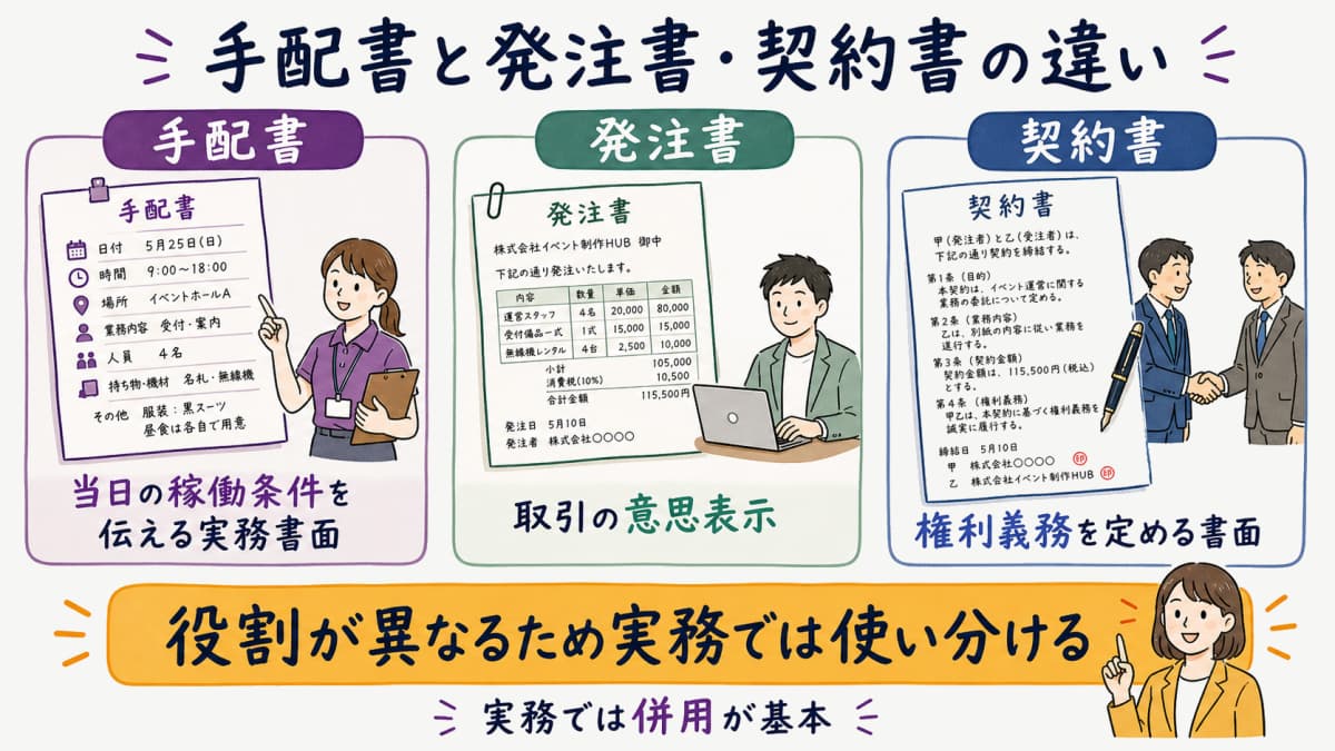 fig2:手配書 vs 発注書 vs 契約書の役割比較図