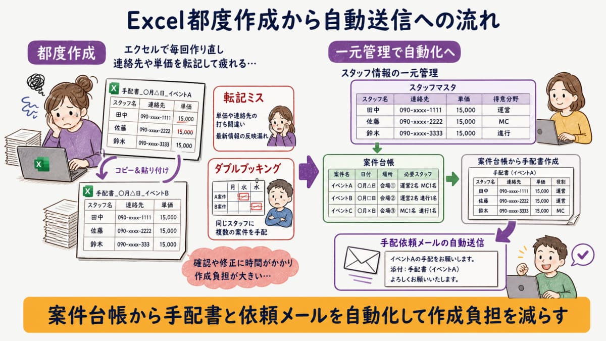 fig5:Excel都度作成→案件台帳から手配書作成・依頼メール自動送信への流れ