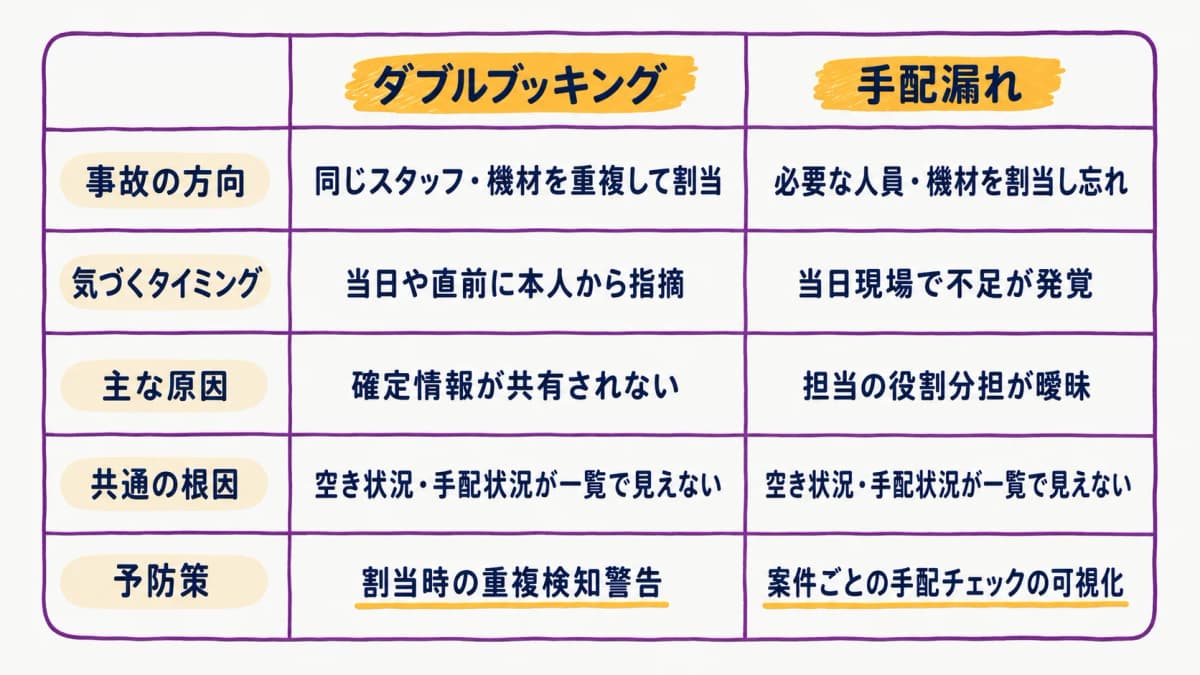 図解1:ダブルブッキングと手配漏れの違い早見表