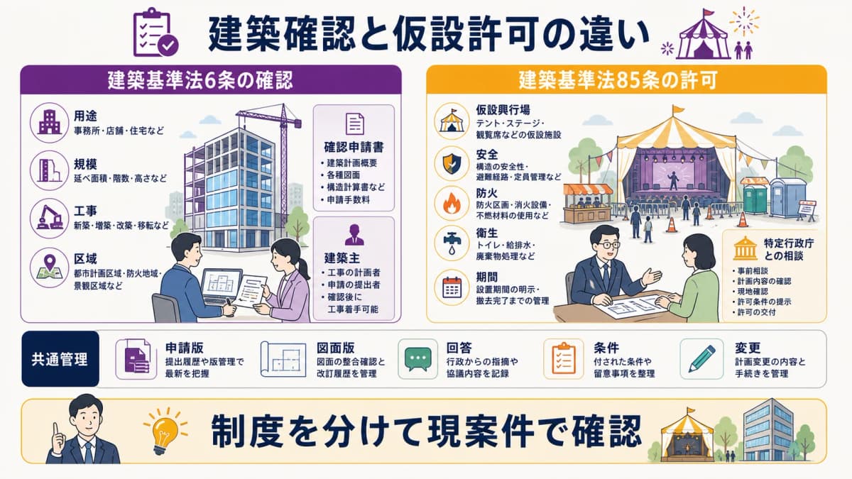 fig2:建築基準法6条の確認と85条の仮設建築物等の許可を分ける制度比較