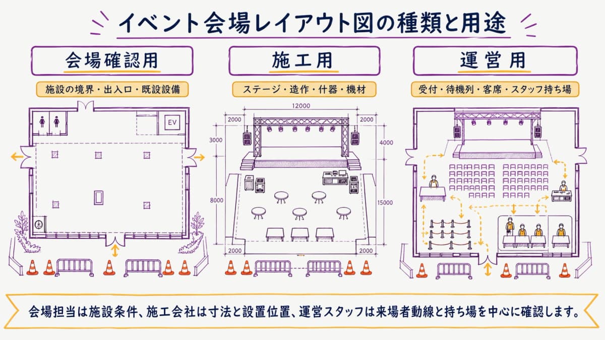 fig1:会場確認用・施工用・運営用図面の用途を比べる早見表