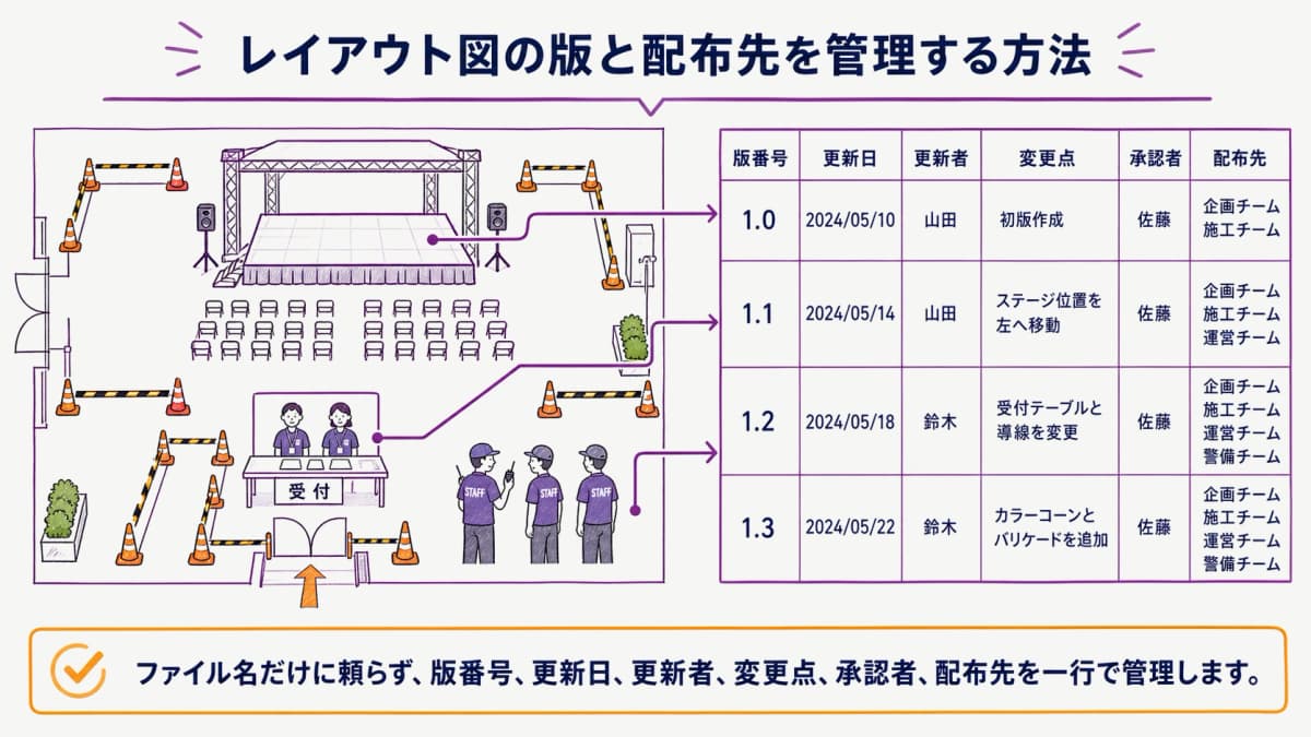 fig3:図面の版番号・変更点・承認・配布先をつなぐ管理表