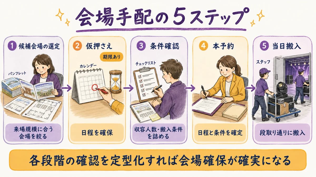 図3:仮押さえ→本予約→当日搬入の段取りフロー図