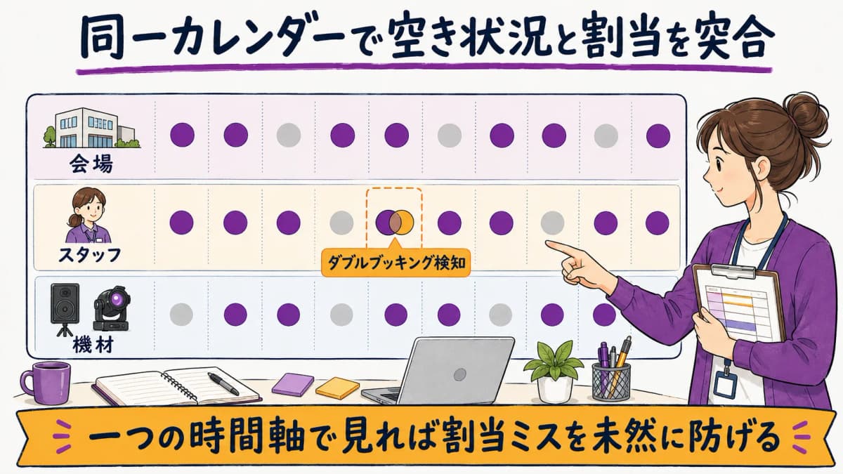 図4:会場・スタッフ・機材を同一カレンダーで突合する一元管理イメージ図