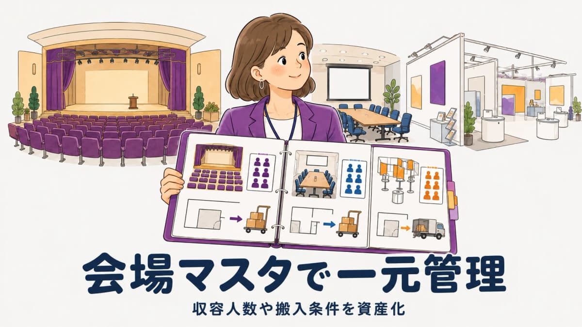 イベント会場の手配・管理|会場マスタで収容人数や搬入条件を一元化