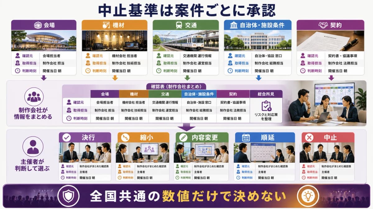 fig1:会場・機材・交通・契約条件から主催者が選択肢を判断するフロー