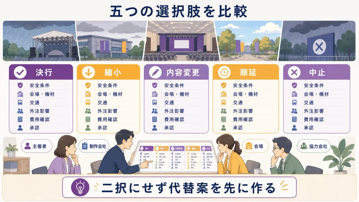 fig2:決行・縮小・変更・順延・中止の安全条件と費用を比べる選択肢表