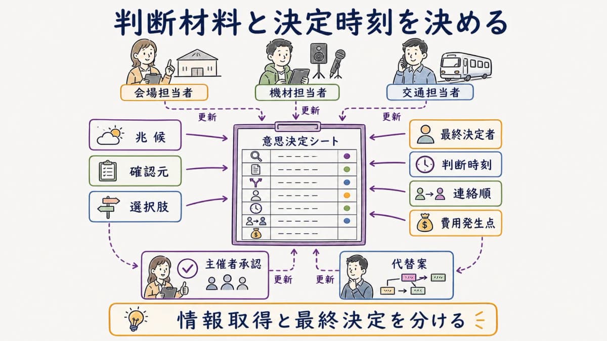 fig3:確認元・取得担当・決定者・判断時刻・代替案をまとめる判断シート