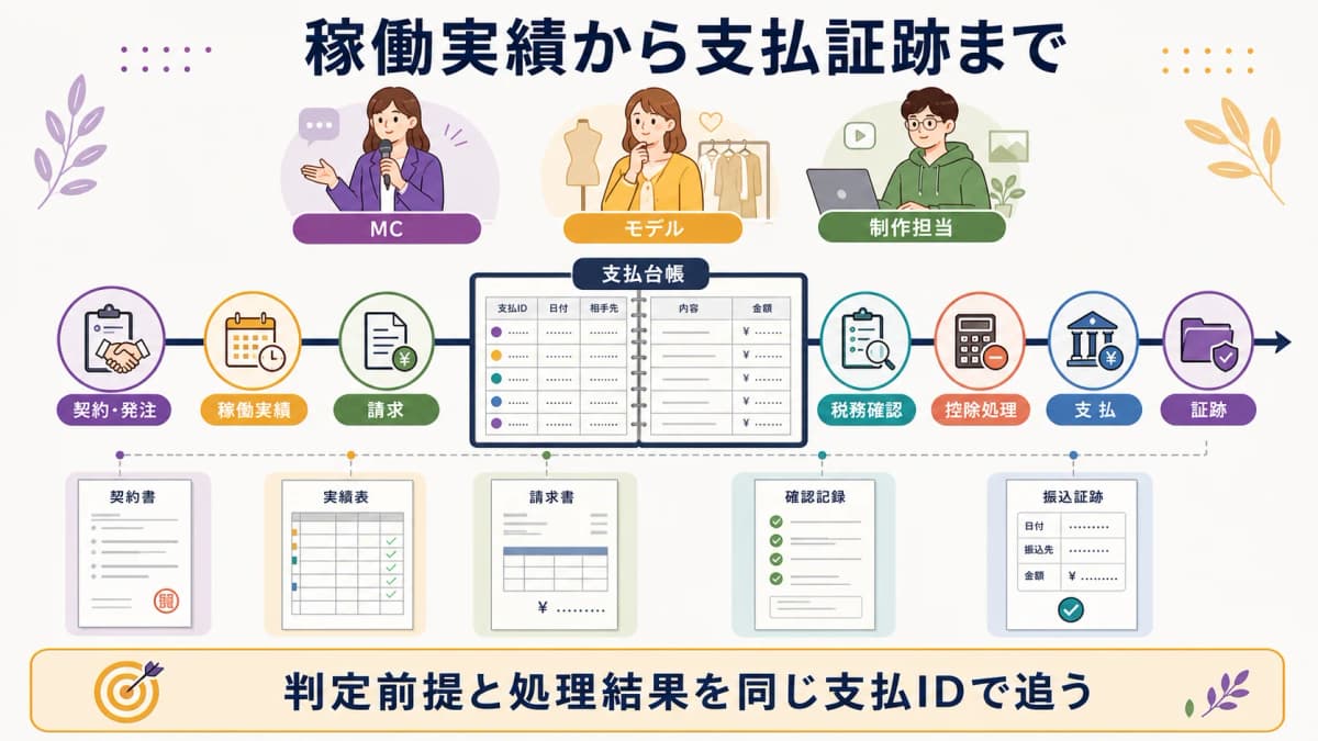 fig4:発注・稼働実績・請求・控除処理・支払証跡を一つの台帳でつなぐ図