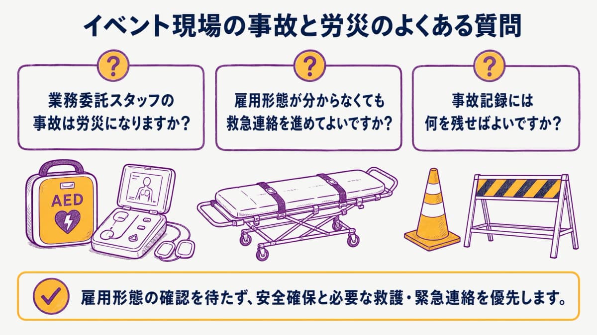 fig4:イベント事故の初動と労災で迷いやすい三つの確認