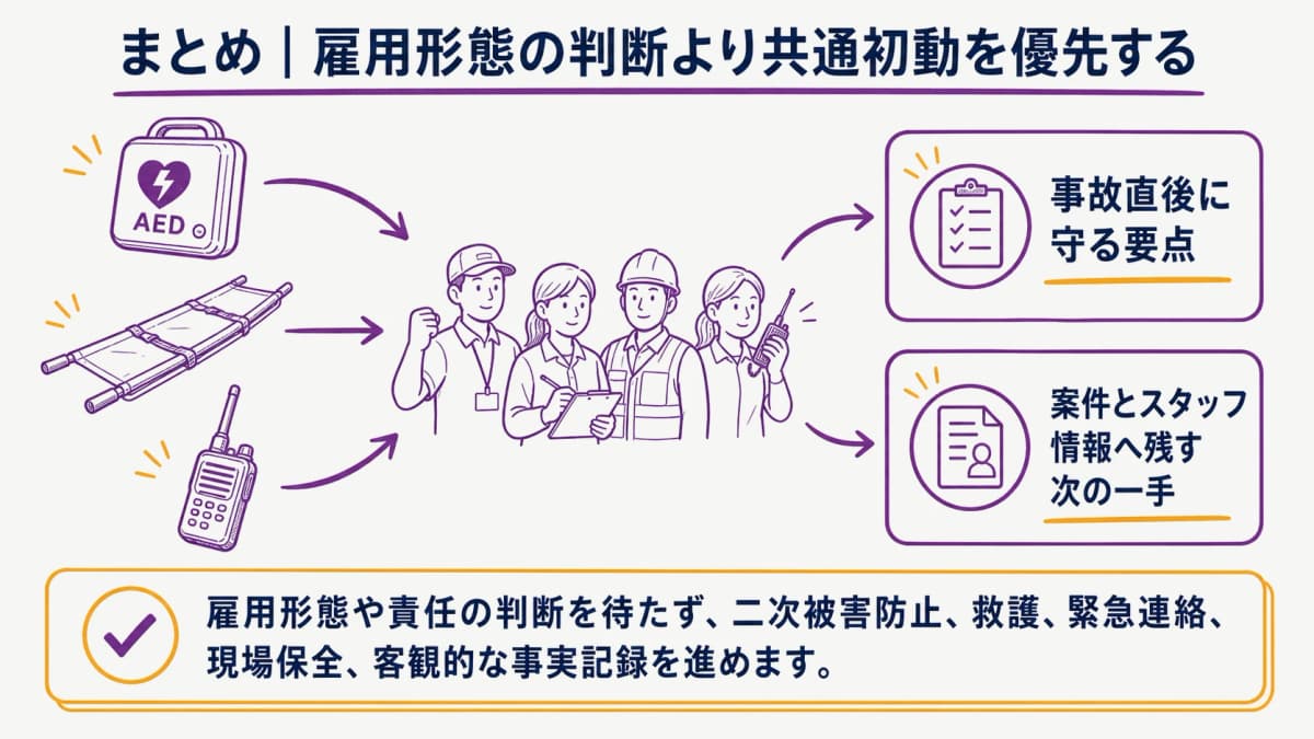 fig5:救護・連絡・記録を雇用主と相談先へつなぐ要点