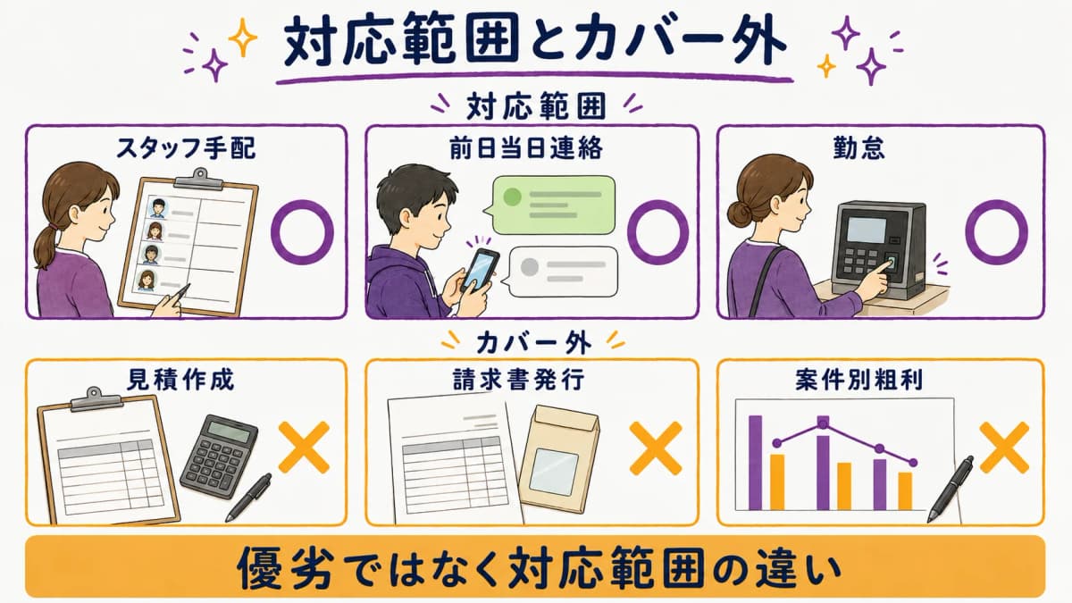 図解3:対応範囲とカバー外(見積・請求・粗利)を○×で示す境界図