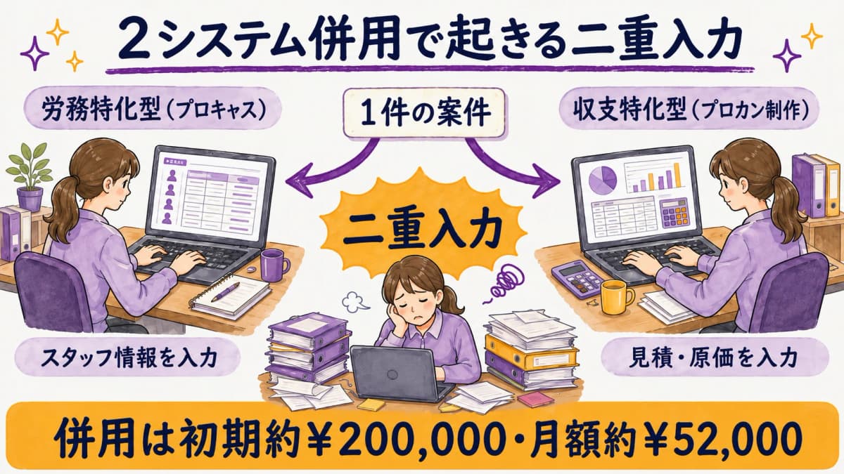 図解4:労務特化+収支特化の併用で二重入力が発生する業務フロー図