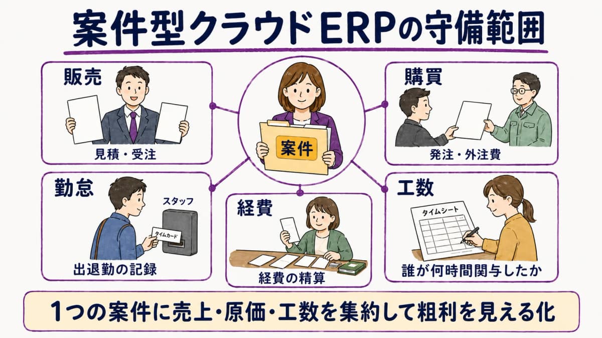 図解1:案件型クラウドERPの守備範囲(販売・購買・工数・勤怠・経費)マップ