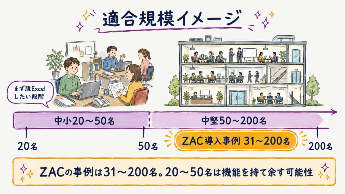 図解3:適合規模イメージ(中小20〜50名/中堅50〜200名)のレンジ図